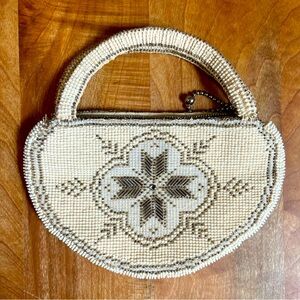 Vintage Czech Beaded 6" Mini Purse Handbag Clutch  Silver White Evening MINT